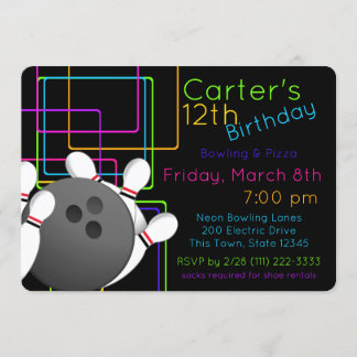 Neon Night Glow Bowling Birthday Einladung