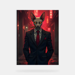 Neon-Noir-Sphynxkatze im Mafia-Stil Acrylschild