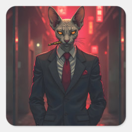 Neon-Noir-Sphynxkatze im Mafia-Stil Quadratischer Aufkleber