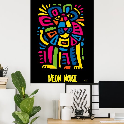 Neon Noise Lion - Abstrakt geometrische Tribal Art Poster (Heimbüro)