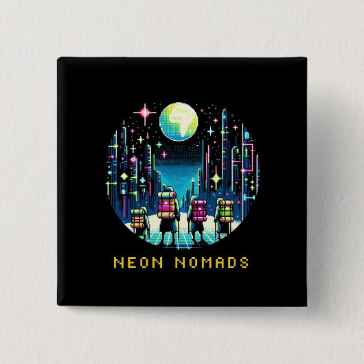 Neon Nomads - Cyberpunk Pixel Art Travel Design Button (Vorderseite)