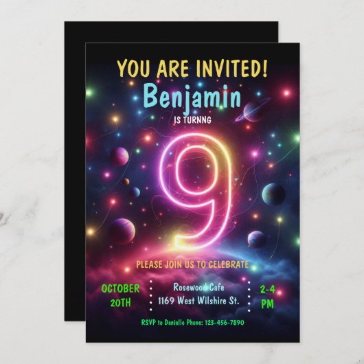 Neon Number Boy 9. Geburtstag Einladung (Vorne/Hinten)