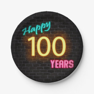Neon Nummer 100 auf Ziegelwand Pappteller