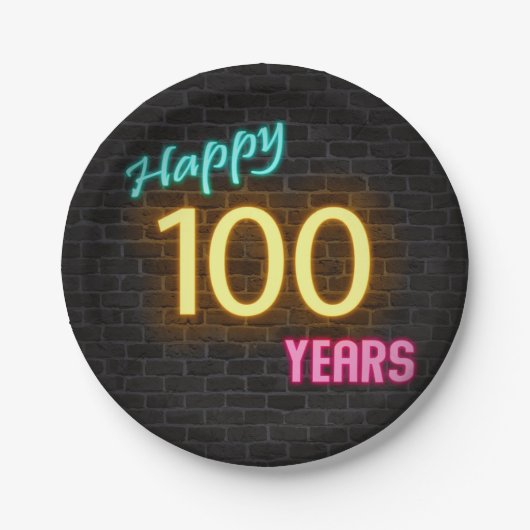 Neon Nummer 100 auf Ziegelwand Pappteller (Vorderseite)