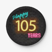 Neon Nummer 105 auf Ziegelwand Pappteller (Vorderseite)