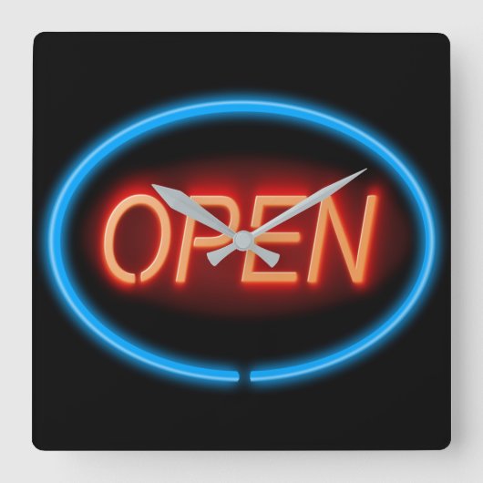 Neon offenes Schild. Quadratische Wanduhr (Vorderseite)