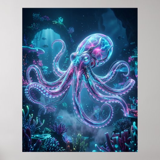 Neon-Oktopus Datenriff Poster (Vorne)