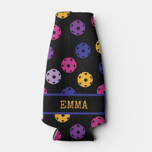 Neon on Black Pickleball, benutzerdefinierter Text Flaschenkühler (Vorderseite)