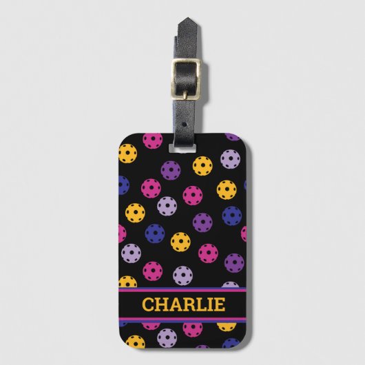 Neon on Black Pickleball, benutzerdefinierter Text Gepäckanhänger (Vorderseite Vertikal)