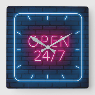 Neon Open Sign Square Wall Clock Quadratische Wanduhr
