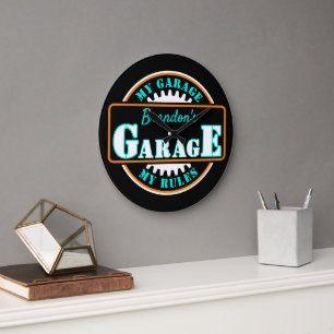 Neon Orange Türkis Blau Garage Text auf Schwarz Große Wanduhr