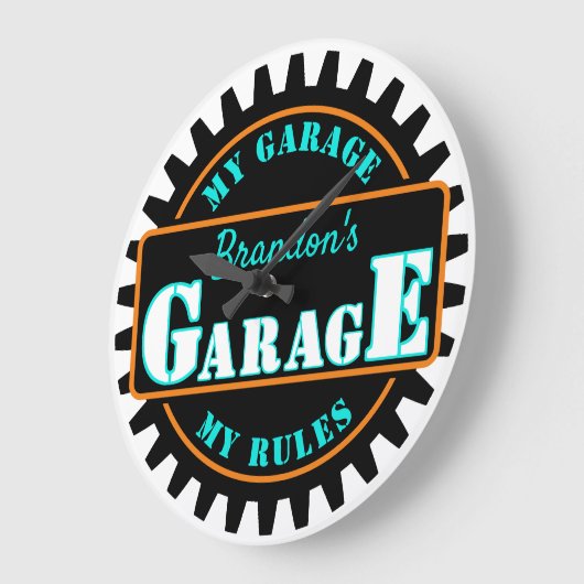 Neon Orange Türkise Blue Garage Text auf schwarz Große Wanduhr (Winkel)