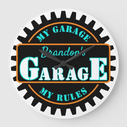 Neon Orange Türkise Blue Garage Text auf schwarz Große Wanduhr (Vorderseite)