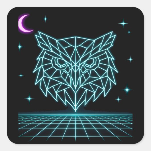 Neon Owl Synthwave - Retro Nachtwächter Quadratischer Aufkleber (Vorderseite)