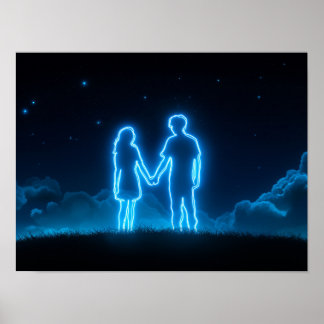 Neon-Paar hält Händchen unter dem Sternenhimmel Poster