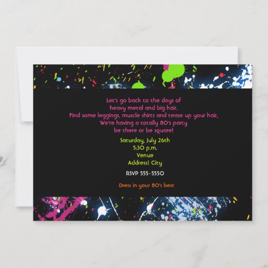 Neon Paint Glow Party Einladung der 80er Jahre (Rückseite)