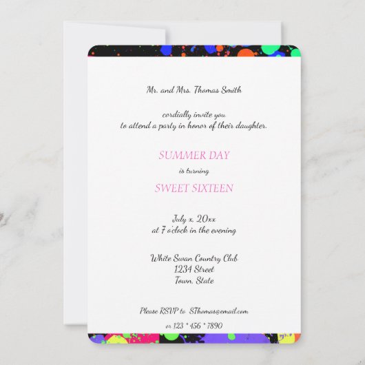 Neon Paint Spritzer, 16 . Geburtstag Einladung (Rückseite)