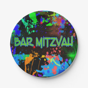 Neon, Paint Spritzer, Bar Mitzvah Pappteller