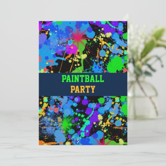 Neon Paint Spritzer Paint Ball Einladung (Stehend Vorderseite)