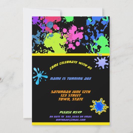 Neon Paint Spritzer Paintball Einladung (Rückseite)