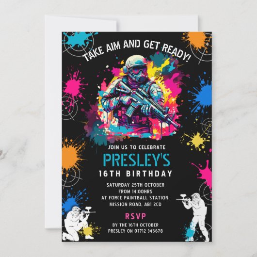Neon Paintball Invite - Combat Glow Birthday Party Einladung (Vorderseite)