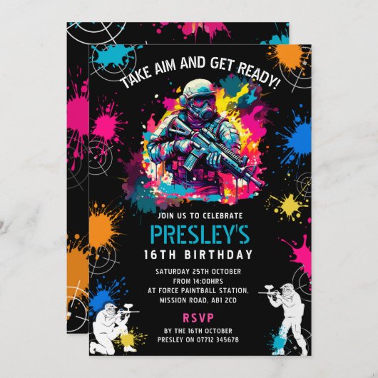Neon Paintball Invite - Combat Glow Birthday Party Einladung (Vorne/Hinten)