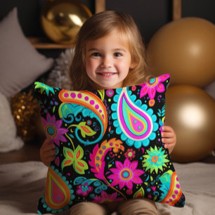 Neon Paisley Schwarz Pink Blau Farbige Kissen