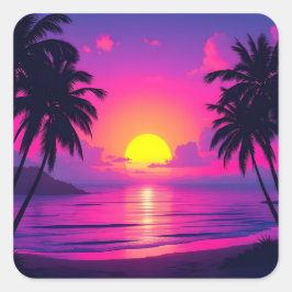 Neon Palm Sunset – Vaporwave Tropical Aesthetic Quadratischer Aufkleber