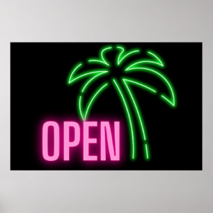 Neon Palm Tree Green & Pink Open Sign Poster
