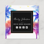 Neon Palm Tree Vacation Theme Qr Code Social Media Quadratische Visitenkarte (Vorderseite)