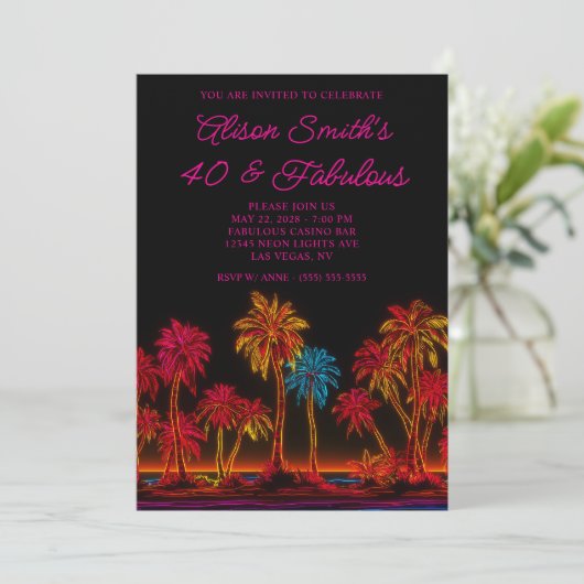Neon Palm Trees 40 & Fabulous Einladung (Stehend Vorderseite)