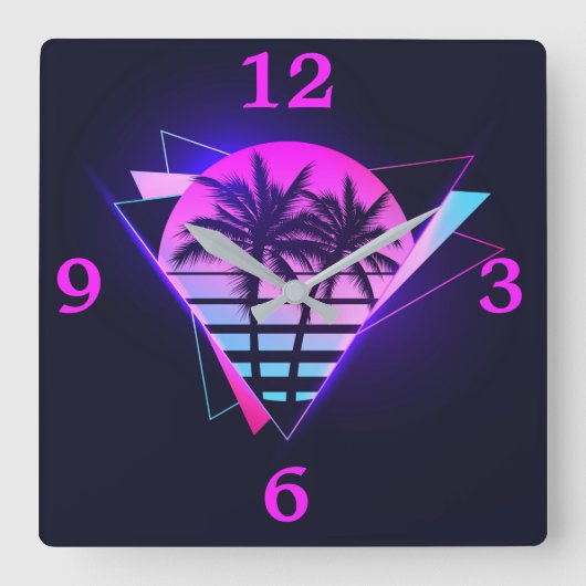 Neon Palm Trees Square Wall Clock Quadratische Wanduhr (Vorderseite)