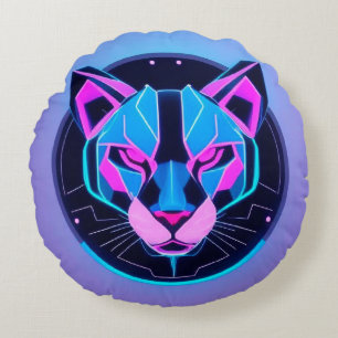 Neon-Panther-Gesicht im geometrischen futuristisch Rundes Kissen