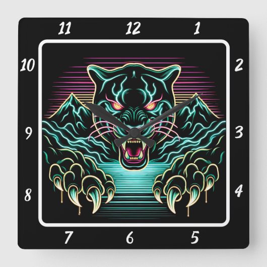 Neon Panther Glow Quadratische Wanduhr (Vorderseite)