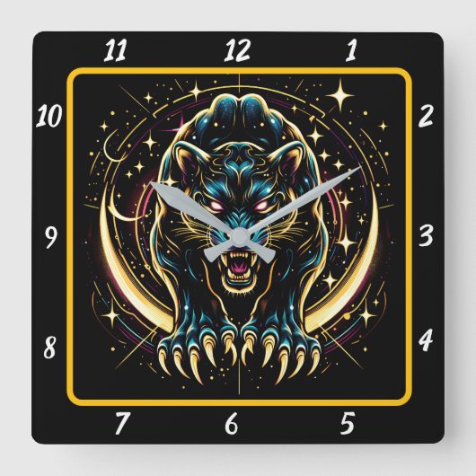 Neon Panther Midnight Glow Timekeeper Quadratische Wanduhr (Vorderseite)