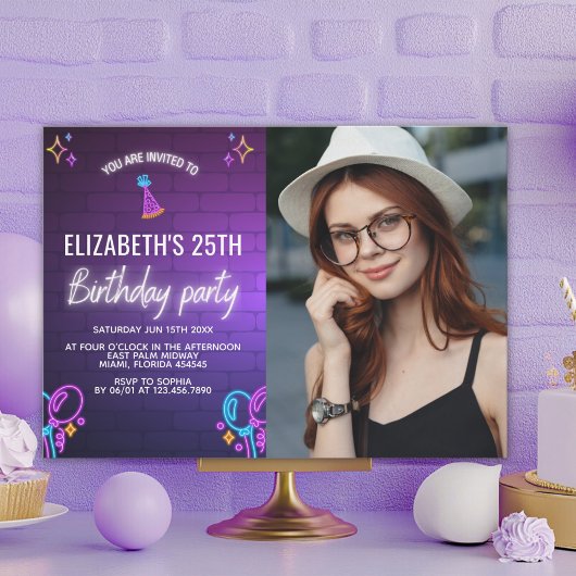 Neon Party Birthday Invitation Photo Design Einladung