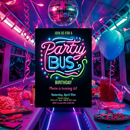 Neon Party Bus 21. Geburtstag Einladung
