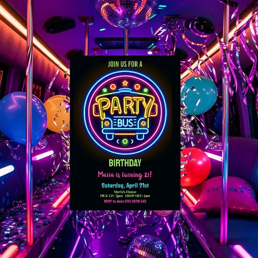 Neon Party Bus Glühbirnen 21. Geburtstag Einladung