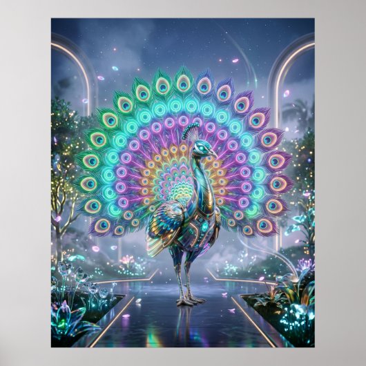Neon-Pfau-Hologramm-Garten Poster (Vorne)
