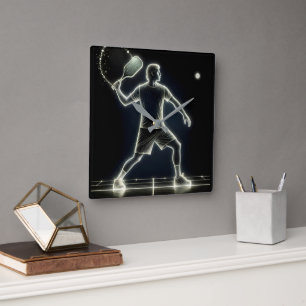 Neon Pickleball Player mit Paddel Quadratische Wanduhr