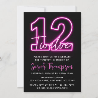 Neon Pink, 12. Geburtstag Einladung