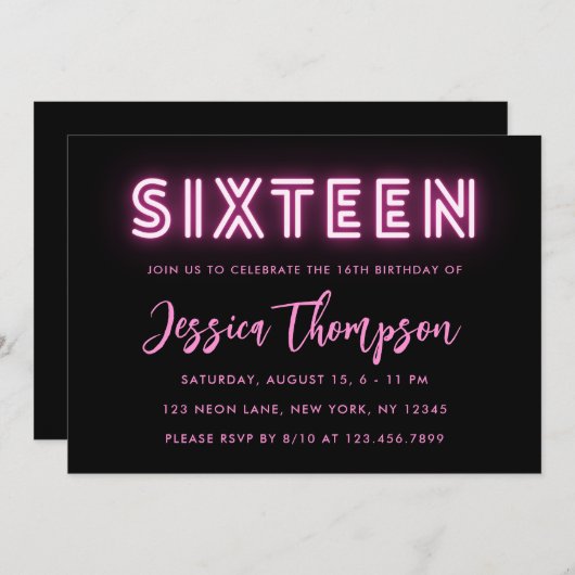Neon Pink, 16. Geburtstag Einladung (Vorne/Hinten)