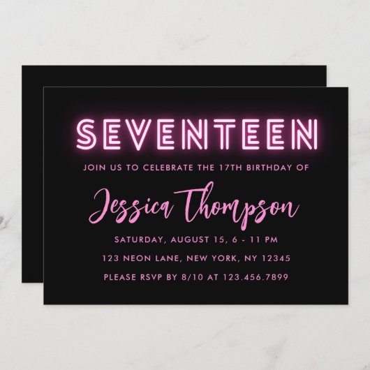 Neon Pink 17. Geburtstag Einladung (Vorne/Hinten)