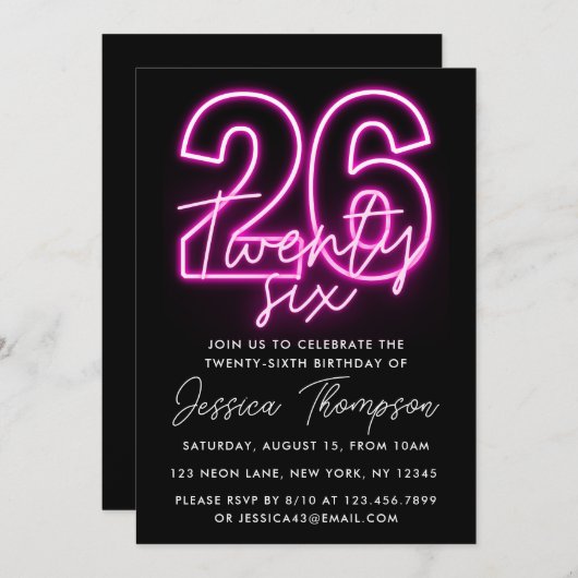 Neon Pink 26. Geburtstag Einladung (Vorne/Hinten)