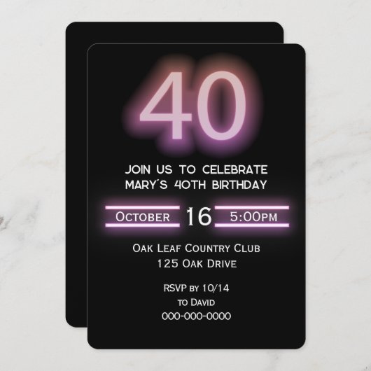 Neon Pink 40. Geburtstag Party Einladung (Vorne/Hinten)