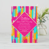 Neon Pink Aquamarin Gelb Gold Glitzer Paint Birthd Einladung (Stehend Vorderseite)