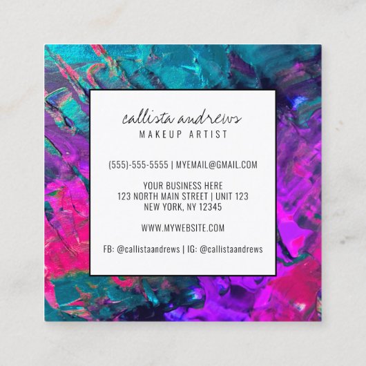 Neon Pink Aquamarine, Lila Metallic Paint Makeup Quadratische Visitenkarte (Rückseite)