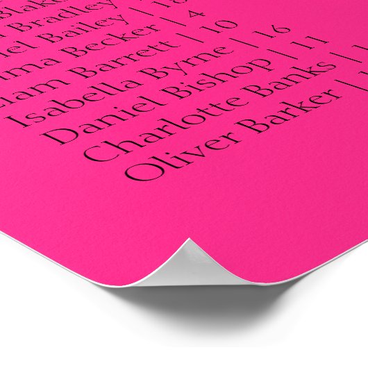 Neon Pink Basic Wedding Alphabetical Seating Chart Poster (Ecke)