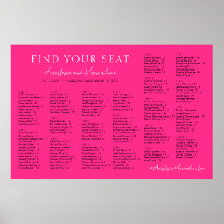 Neon Pink Basic Wedding Alphabetical Seating Chart Poster