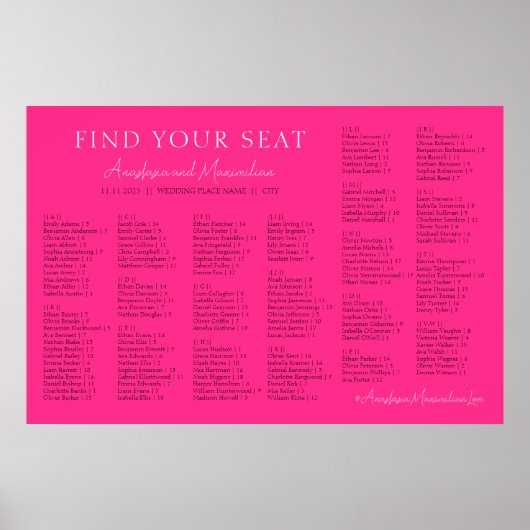 Neon Pink Basic Wedding Alphabetical Seating Chart Poster (Vorne)